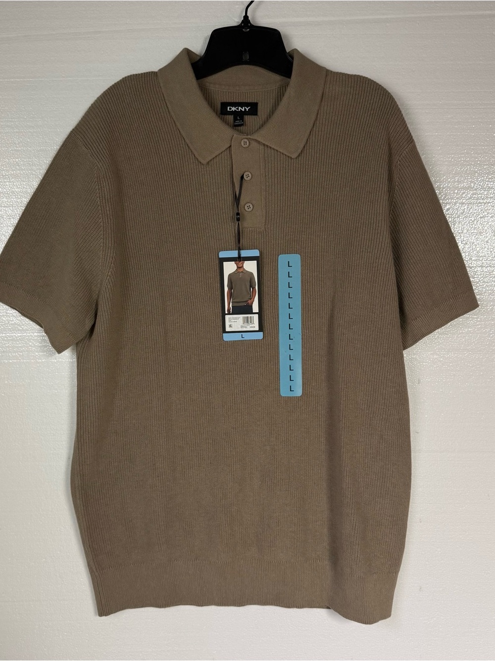 DKNY Sweater Polo Shirt Mens L Taupe Cotton Short Sleeve Ribbed Knit Classic